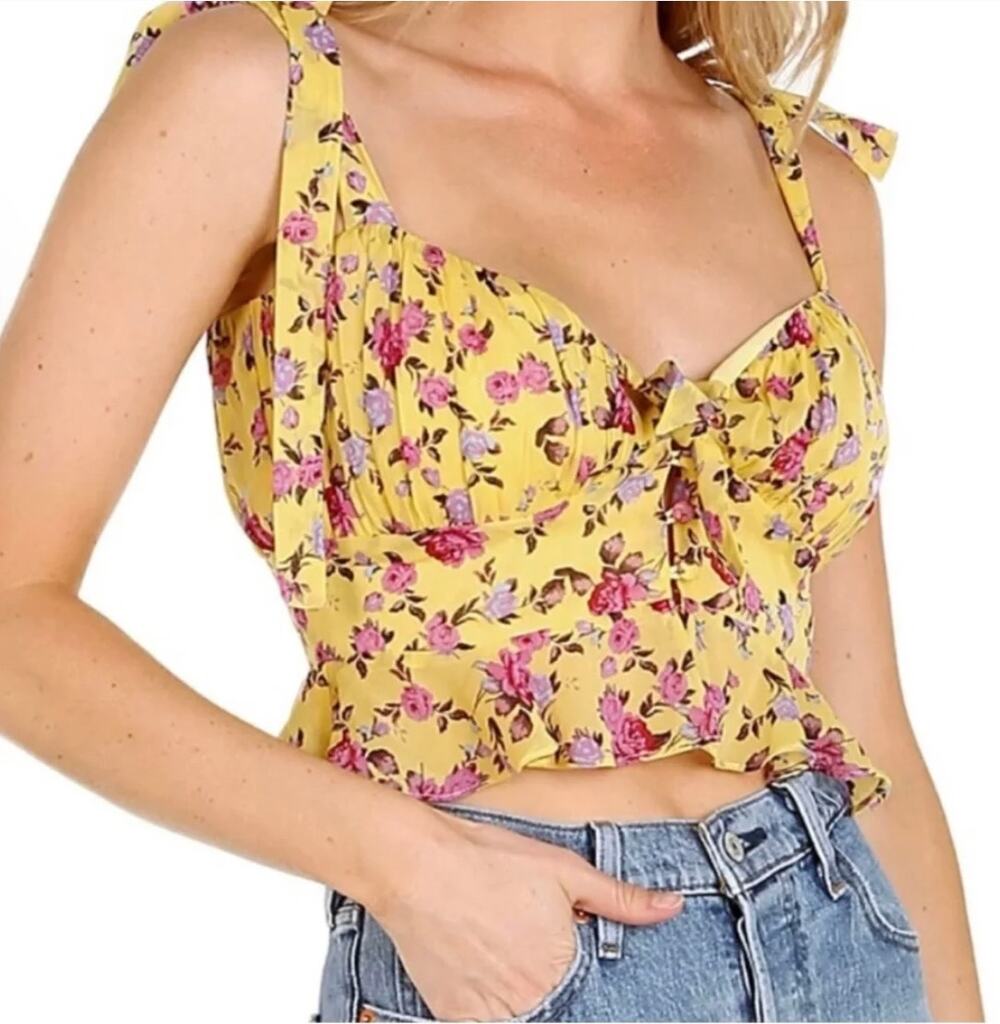 For Love and Lemons Beaumont Silk Blend Crop Top Yellow Floral Size Medium NWT